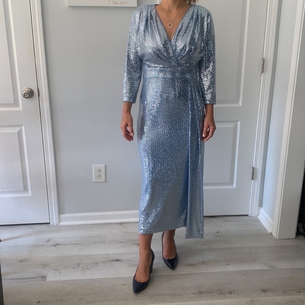 Teri Jon by Rickie Freeman Gown Faux wrap dress size 4 shimmer metallic maxi‎